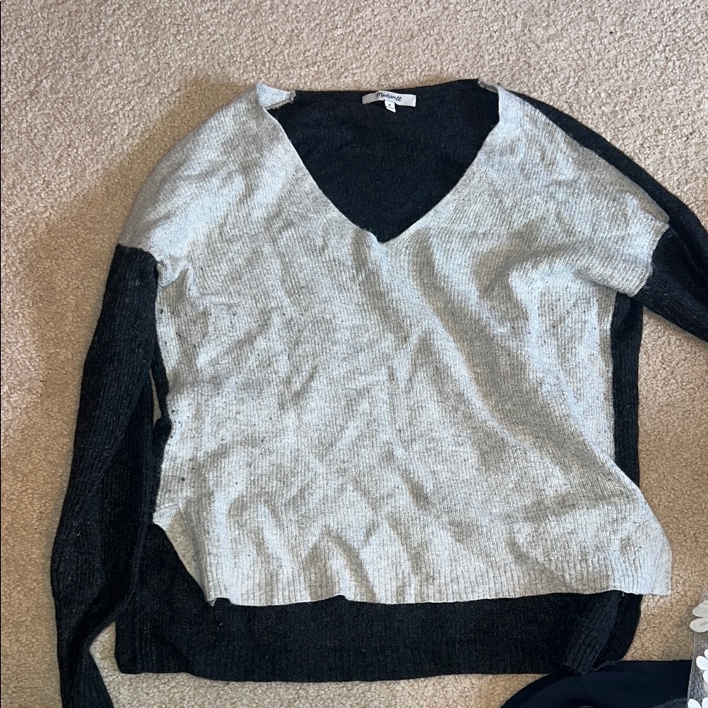 Gray and Black V-Neck Women's Sweater